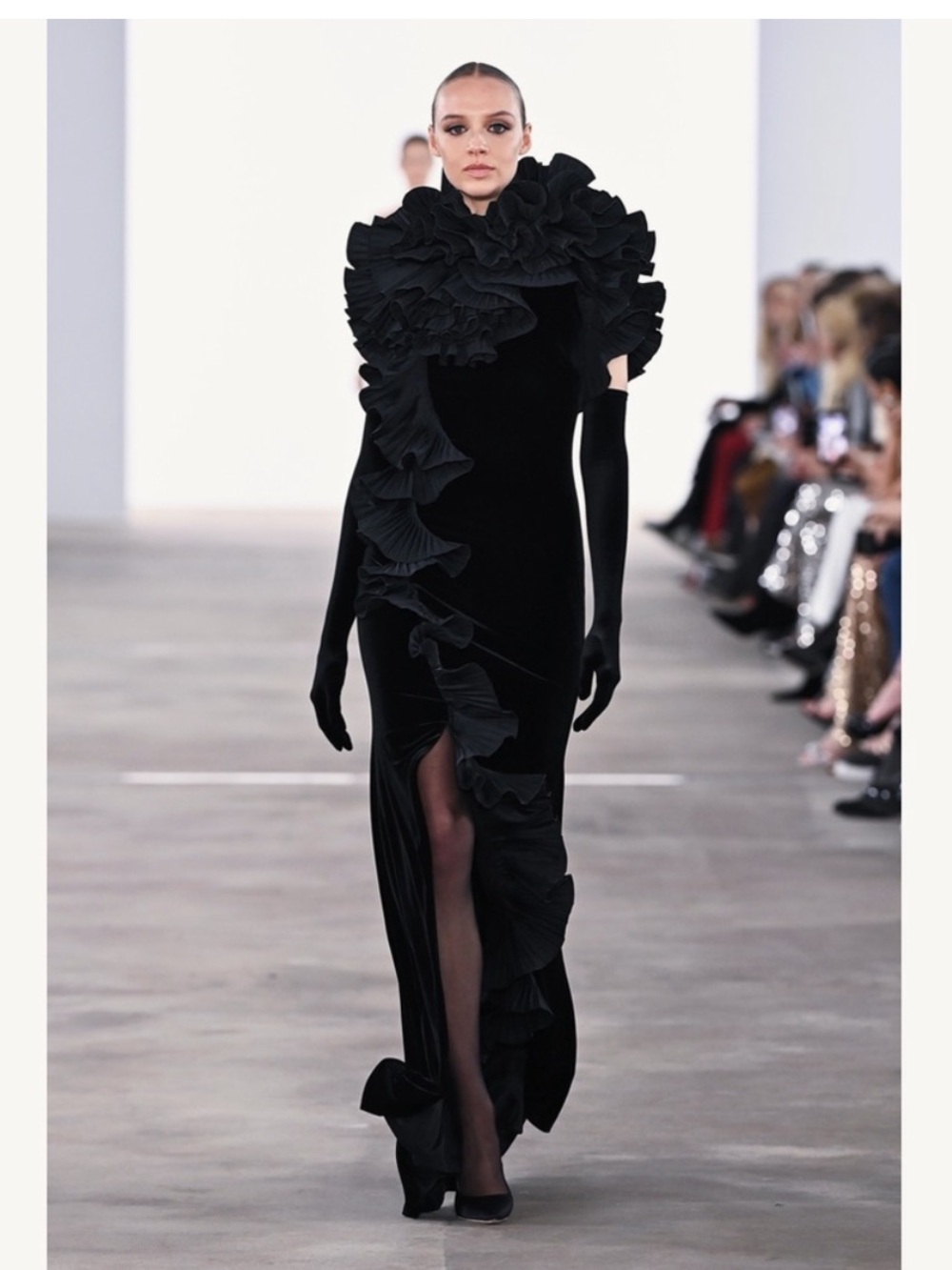 Badgley Mischka Black Velvet Ruffle Runway Gown